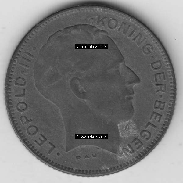 Grau bzw. s/w Münzen Belgien Umlaufmünze 1941-1946, 5 Franken 1941, Der Belgen. Rückseite der alten belgischen Francs Umlaufmünze aus Belgien vor Einführung der Euromünzen... Sammlung Graustufen