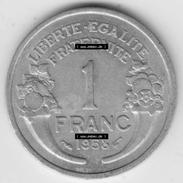 Grau bzw. s/w Münze Frankreich 1941-1959, 1 Francs, Franken 1958. Vorderseite der alten französischen Umlaufmünze aus Frankreich in der Francs-Währung zum katalogisieren und verwalten... Sammlung Graustufen