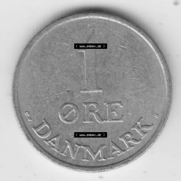 Grau bzw. s/w Münzen Dänemark Umlaufmünze 1956-1971, 1 Öre 1970 Kursmünze. Vorderseite der alten dänischen Umlaufmünze aus Dänemark zum katalogisieren und verwalten... Sammlung Graustufen