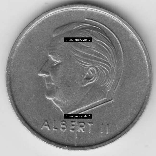 Grau bzw. s/w Münzen Belgien Umlaufmünze 1994-2001, 5 Francs 1994 Belgie. Rückseite der alten belgischen Francs Umlaufmünze aus Belgien vor Einführung der Euromünzen in Belgien... Sammlung Graustufen