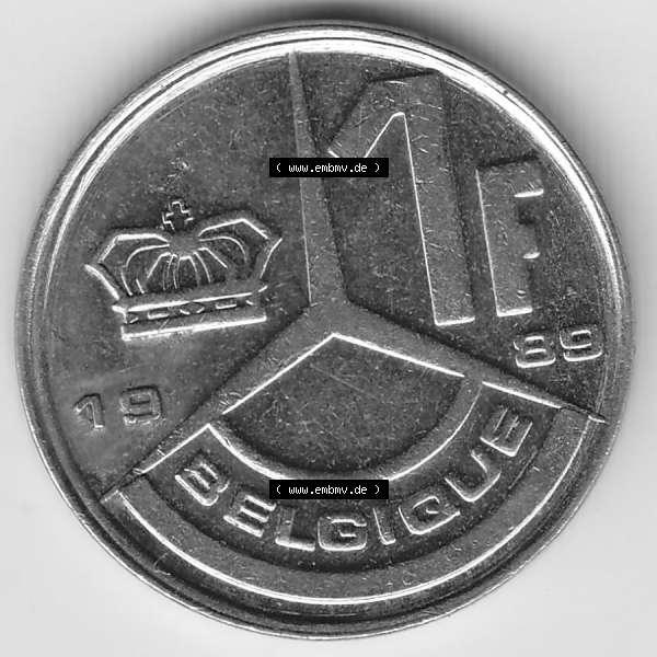 Grau bzw. s/w Münzen Belgien Umlaufmünze 1989-1993, 1 Franc 1989 Belgique. Vorderseite der alten belgischen Francs Umlaufmünze aus Belgien vor Einführung der Euromünzen in Belgien... Sammlung Graustufen