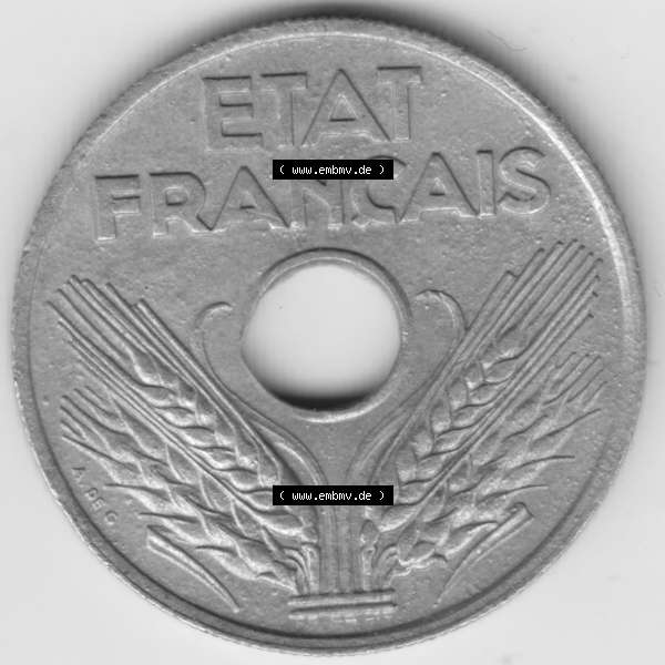 Grau bzw. s/w Münze Frankreich 1941-1944, 20 Centimes, Cent 1943. Rückseite der alten französischen Umlaufmünze aus Frankreich in der Francs-Währung zum katalogisieren und... Sammlung Graustufen