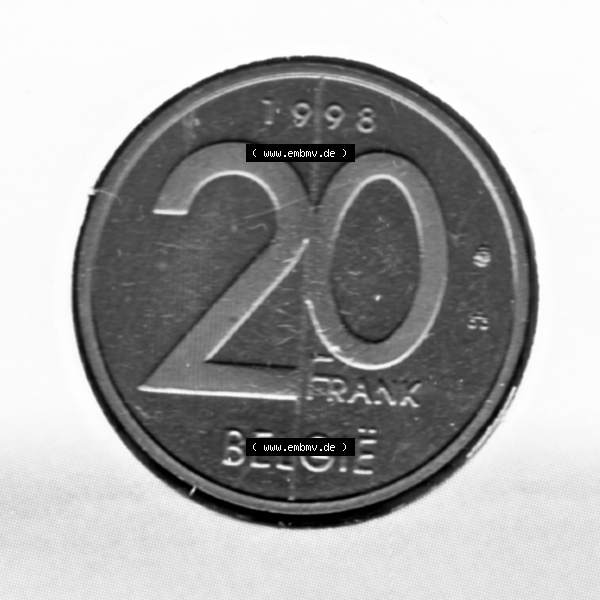 Grau bzw. s/w Münzen Belgien Umlaufmünze Münzsatz Sabena 1998, 20 Frank. Vorderseite der alten belgischen Francs Umlaufmünze aus Belgien vor Einführung der Euromünzen in Belgien... Sammlung Graustufen