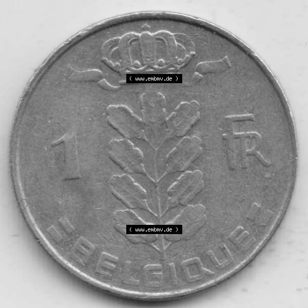 Grau bzw. s/w Münzen Belgien Umlaufmünze 1950-1988, 1 Francs-Franken 1977 Belgique. Vorderseite der alten belgischen Francs Umlaufmünze aus Belgien vor Einführung der Euromünzen... Sammlung Graustufen