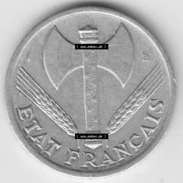 Grau bzw. s/w Münze Frankreich 1942-1944, 50 Centimes, Cent 1942. Rückseite der alten französischen Umlaufmünze aus Frankreich in der Francs-Währung zum katalogisieren und... Sammlung Graustufen
