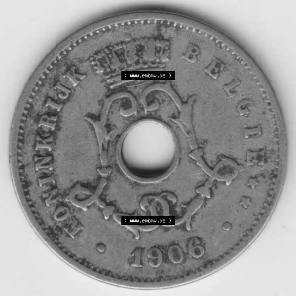 Grau bzw. s/w Münzen Belgien Umlaufmünze 1904-1907, 5 Cen, Centimes Koninkrijk Belgie. Rückseite der alten belgischen Francs Umlaufmünze aus Belgien vor Einführung der Euromünzen... Sammlung Graustufen