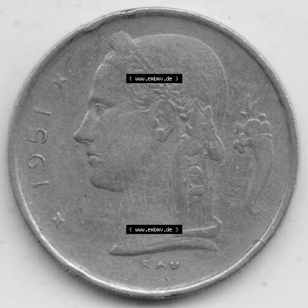 Grau bzw. s/w Münzen Belgien Umlaufmünze 1950-1988, 1 Francs-Franken 1951 Belgie. Rückseite der alten belgischen Francs Umlaufmünze aus Belgien vor Einführung der Euromünzen... Sammlung Graustufen
