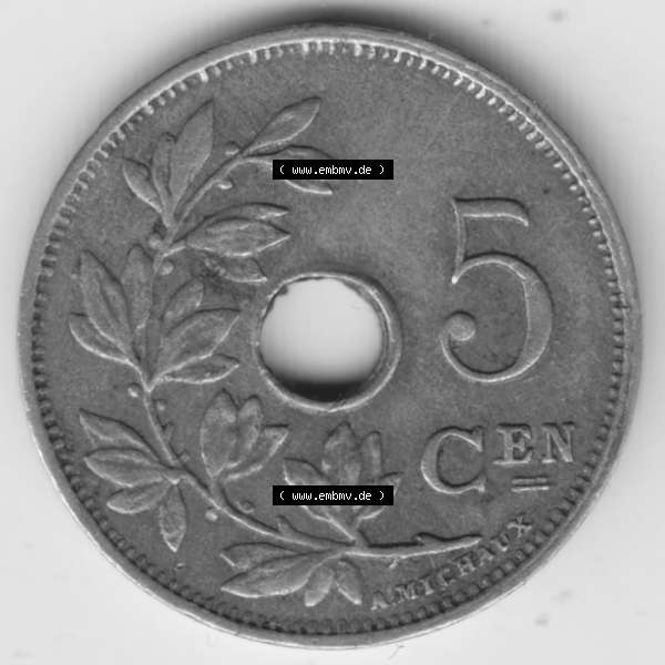 Grau bzw. s/w Münzen Belgien Umlaufmünze 1910-1931, 5 Cen, Centimes Koninkrijk Belgie. Vorderseite der alten belgischen Francs Umlaufmünze aus Belgien vor Einführung der Euromünzen... Sammlung Graustufen