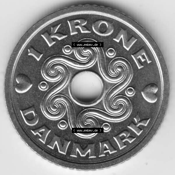 Grau bzw. s/w Münzen Dänemark Umlaufmünze 2006, 1 Krone. Vorderseite der alten dänischen Umlaufmünze aus Dänemark zum katalogisieren und verwalten im Münzen-Katalog Dänemark... Sammlung Graustufen