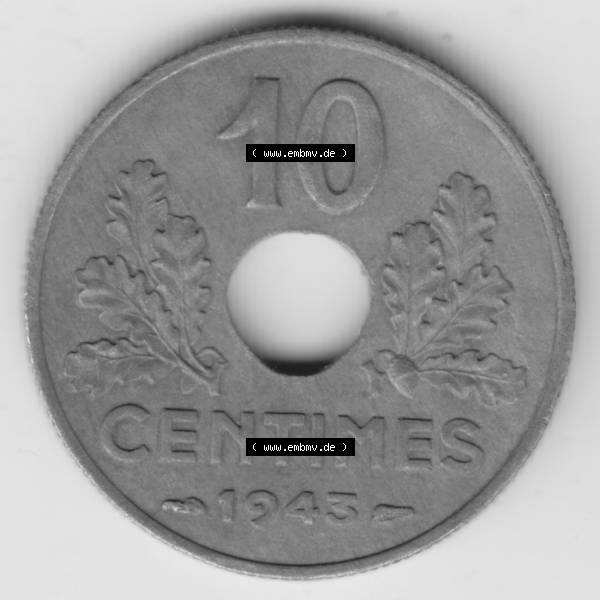 Grau bzw. s/w Münze Frankreich 1941-1943, 10 Centimes, Etat Francais 1943. Vorderseite der alten französischen Umlaufmünze 10 Cmes - Centimes - Cent aus Frankreich in der Francs-Währung... Sammlung Graustufen