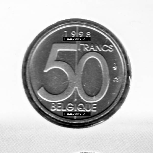 Grau bzw. s/w Münzen Belgien Umlaufmünze Münzsatz Sabena 1998, 50 Francs. Vorderseite der alten belgischen Francs Umlaufmünze aus Belgien vor Einführung der Euromünzen in Belgien... Sammlung Graustufen