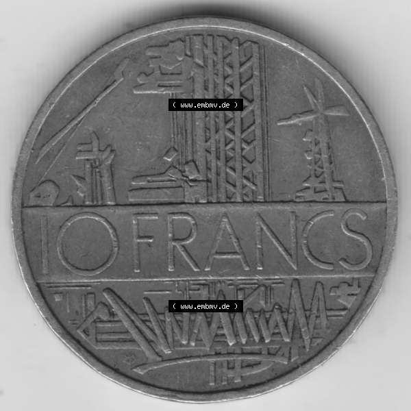 Grau bzw. s/w Münze Frankreich 1974-1987, 10 Franken-Francs 1976. Vorderseite der alten französischen Umlaufmünze aus Frankreich in der Francs-Währung zum katalogisieren und verwalten... Sammlung Graustufen