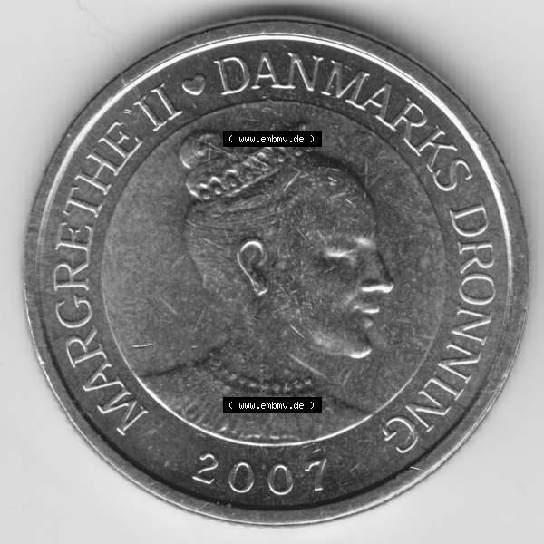 Grau bzw. s/w Münzen Dänemark Umlaufmünze 2007, 20 Kroner, Kronen. Rückseite der alten dänischen Umlaufmünze aus Dänemark zum katalogisieren und verwalten im Münzen-Katalog... Sammlung Graustufen