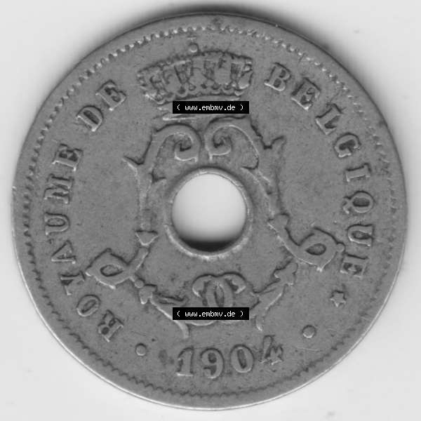 Grau bzw. s/w Münzen Belgien Umlaufmünze 1904-1907, 5 Ces, Centimes Koninkrijk Belgie. Rückseite der alten belgischen Francs Umlaufmünze aus Belgien vor Einführung der Euromünzen... Sammlung Graustufen