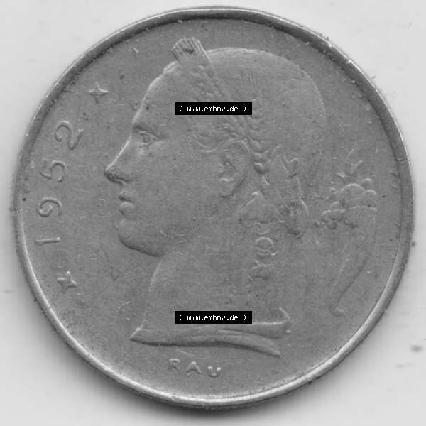 Grau bzw. s/w Münzen Belgien Umlaufmünze 1950-1988, 1 Francs-Franken 1952 Belgie. Rückseite der alten belgischen Francs Umlaufmünze aus Belgien vor Einführung der Euromünzen... Sammlung Graustufen