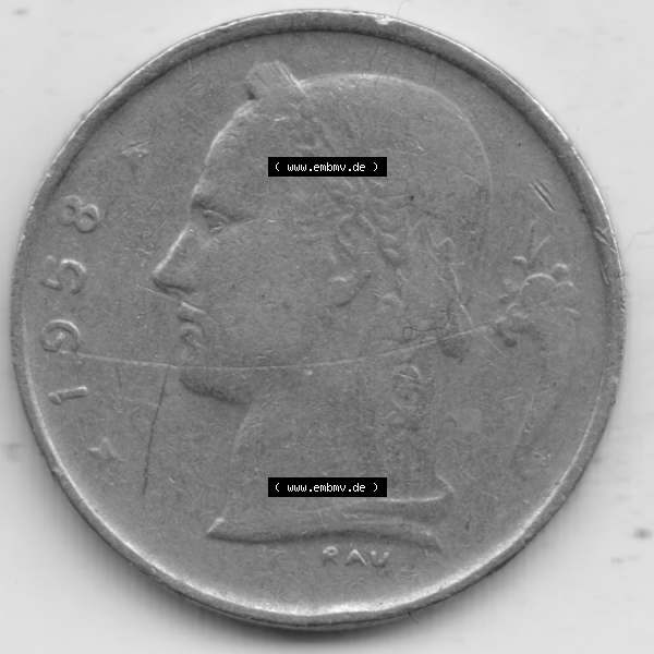 Grau bzw. s/w Münzen Belgien Umlaufmünze 1950-1988, 1 Francs-Franken 1958 Belgique, Bild mit Rückseite der Münze zum Download Sammlung Graustufen