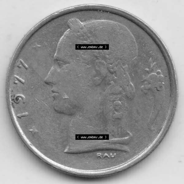 Grau bzw. s/w Münzen Belgien Umlaufmünze 1950-1988, 1 Francs-Franken 1977 Belgique. Rückseite der alten belgischen Francs Umlaufmünze aus Belgien vor Einführung der Euromünzen... Sammlung Graustufen