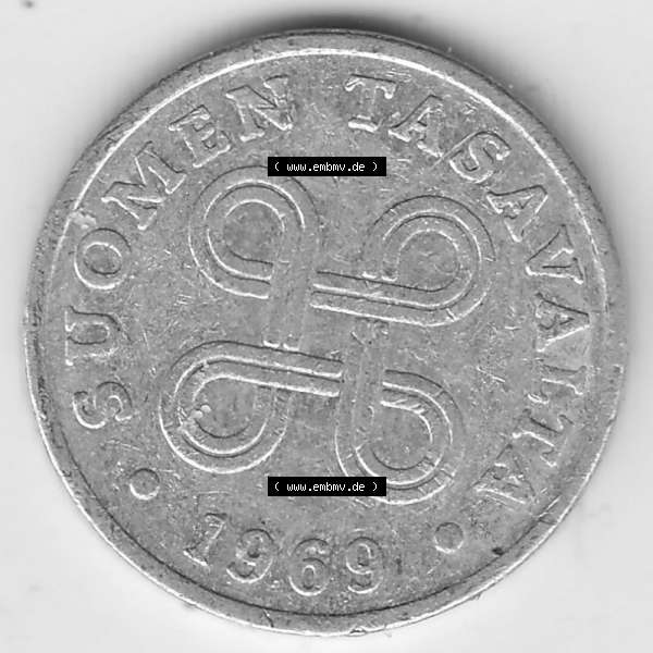 Grau bzw. s/w Münzen Finnland, SUOMI Umlaufmünze 1969-1979, 1 Penni 1969. Rückseite der alten finnischen Umlaufmünze aus Finnland SUOMI zum katalogisieren und verwalten im Münzen-Katalog... Sammlung Graustufen