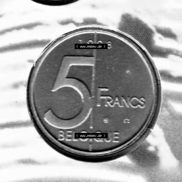 Grau bzw. s/w Münzen Belgien Umlaufmünze Münzsatz Sabena 1998, 5 Francs. Vorderseite der alten belgischen Francs Umlaufmünze aus Belgien vor Einführung der Euromünzen in Belgien... Sammlung Graustufen