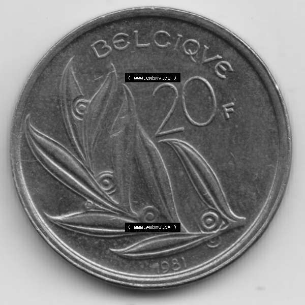 Grau bzw. s/w Münzen Belgien Umlaufmünze 1980-1993, 20 Francs 1981 Belgiqve. Vorderseite der alten belgischen Francs Umlaufmünze aus Belgien vor Einführung der Euromünzen in Belgien... Sammlung Graustufen