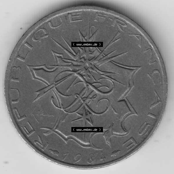Grau bzw. s/w Münze Frankreich 1974-1987, 10 Franken-Francs 1984. Rückseite der alten französischen Umlaufmünze aus Frankreich in der Francs-Währung zum katalogisieren und verwalten... Sammlung Graustufen