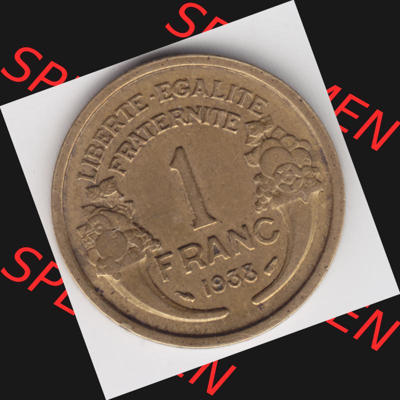 Münze Frankreich 1931-1941, 1 Francs, Franken 1938. Vorderseite der alten französischen Umlaufmünze aus Frankreich in der Francs-Währung zum katalogisieren und verwalten... Sammlung