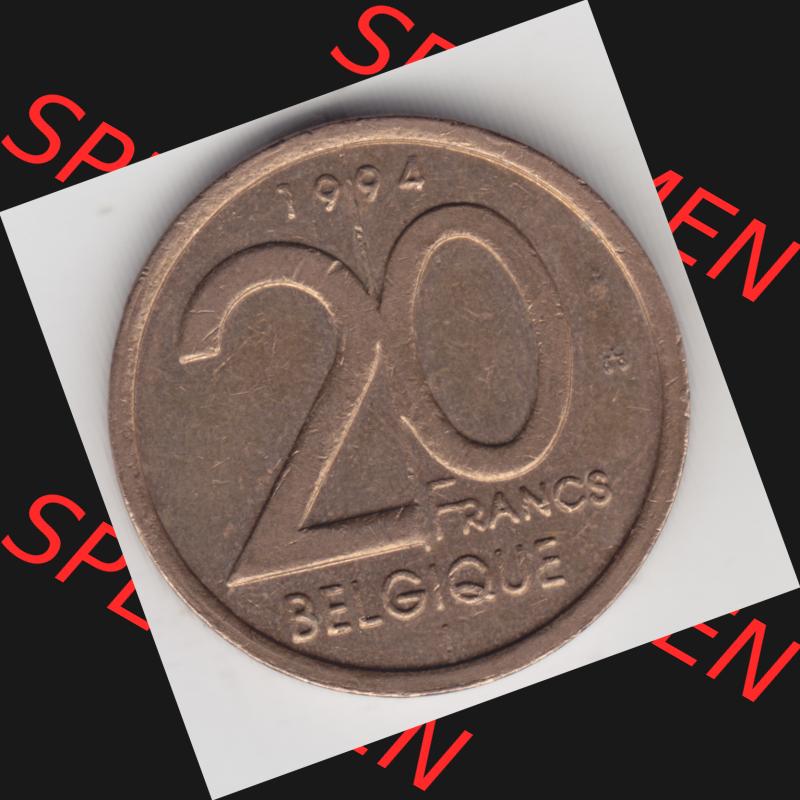 Münzen Belgien Umlaufmünze 1994-2001, 20 Francs 1994 Belgique. Vorderseite der alten belgischen Francs Umlaufmünze aus Belgien vor Einführung der Euromünzen in Belgien... Sammlung