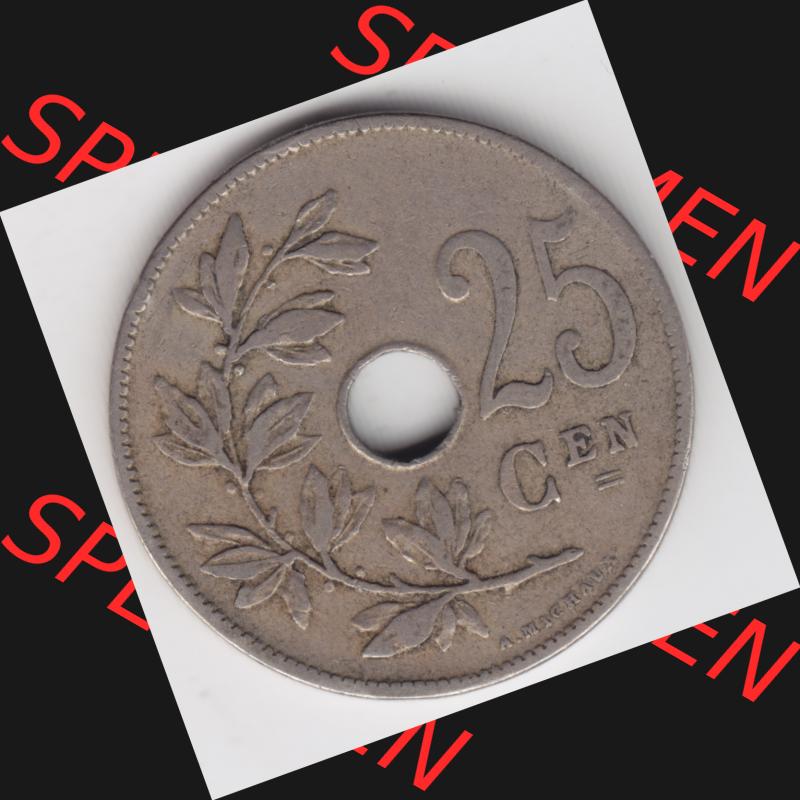 Münzen Belgien Umlaufmünze 1908-1909, 25 Cen, Centimes Koninkrijk Belgie. Vorderseite der alten belgischen Francs Umlaufmünze aus Belgien vor Einführung der Euromünzen... Sammlung
