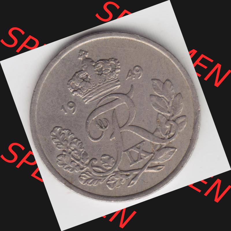 Münzen Dänemark Umlaufmünze 1948-1955, 25 Öre 1949 Kursmünze. Rückseite der alten dänischen Umlaufmünze aus Dänemark zum katalogisieren und verwalten... Sammlung