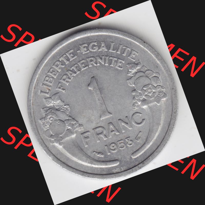 Münze Frankreich 1941-1959, 1 Francs, Franken 1958. Vorderseite der alten französischen Umlaufmünze aus Frankreich in der Francs-Währung zum katalogisieren und verwalten... Sammlung