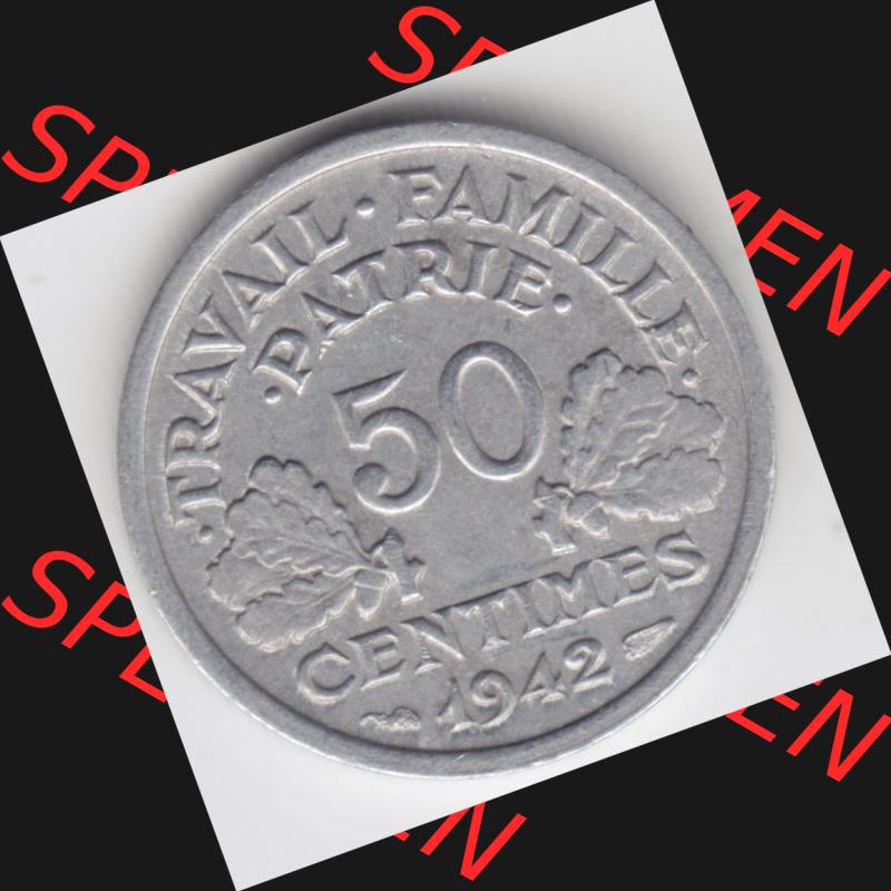 Münze Frankreich 1942-1944, 50 Centimes, Cent 1942. Vorderseite der alten französischen Umlaufmünze aus Frankreich in der Francs-Währung zum katalogisieren und verwalten... Sammlung