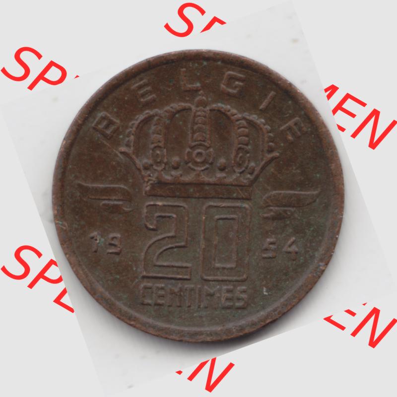 Münzen Belgien Umlaufmünze 1954, 1960, 20 Centimes Belgie. Vorderseite der alten belgischen Francs Umlaufmünze aus Belgien vor Einführung der Euromünzen in Belgien... Sammlung