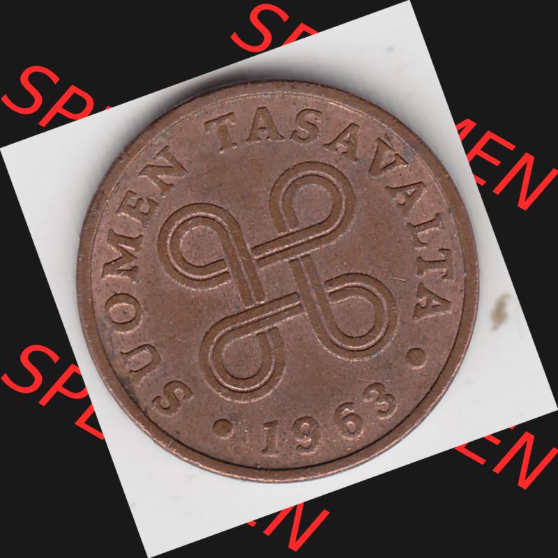 Münzen Finnland, SUOMI Umlaufmünze 1963-1969, 1 Penni 1963. Rückseite der alten finnischen Umlaufmünze aus Finnland SUOMI zum katalogisieren und verwalten im Münzen-Katalog... Sammlung