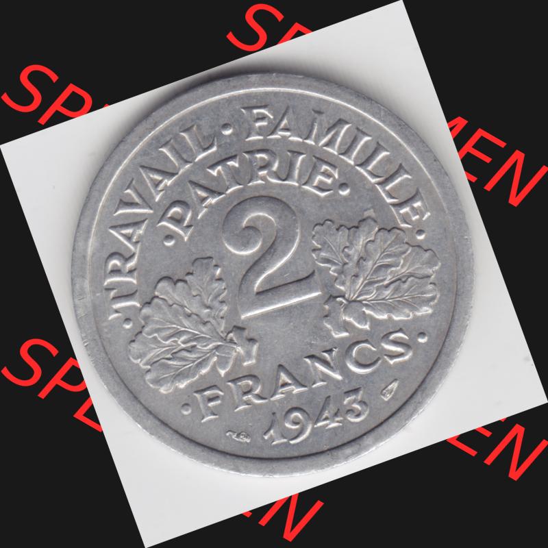 Münze Frankreich 1943-1944, 2 Francs, Franken 1943. Vorderseite der alten französischen Umlaufmünze aus Frankreich in der Francs-Währung zum katalogisieren und verwalten... Sammlung