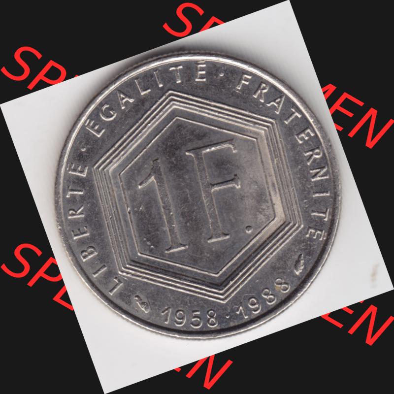 Münze Frankreich 1988-1988, 1 Francs, Franken 1988. Vorderseite der alten französischen Umlaufmünze aus Frankreich in der Francs-Währung zum katalogisieren und verwalten... Sammlung