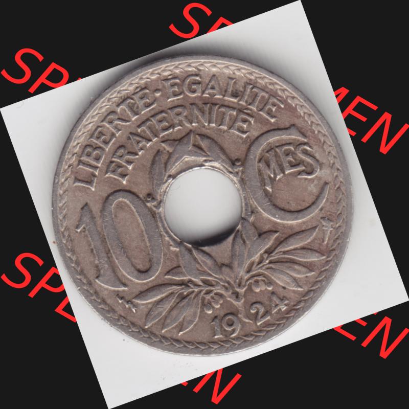 Münze Frankreich 1917-1938, 10 Centimes, Cent 1924. Vorderseite der alten französischen Umlaufmünze 10 Cmes - Centimes - Cent aus Frankreich in der Francs-Währung... Sammlung