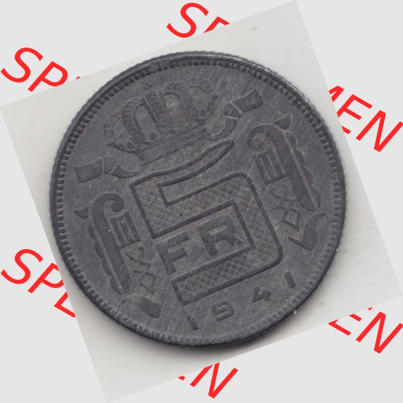 Münzen Belgien Umlaufmünze 1941-1946, 5 Franken 1941, Der Belgen. Vorderseite der alten belgischen Francs Umlaufmünze aus Belgien vor Einführung der Euromünzen... Sammlung
