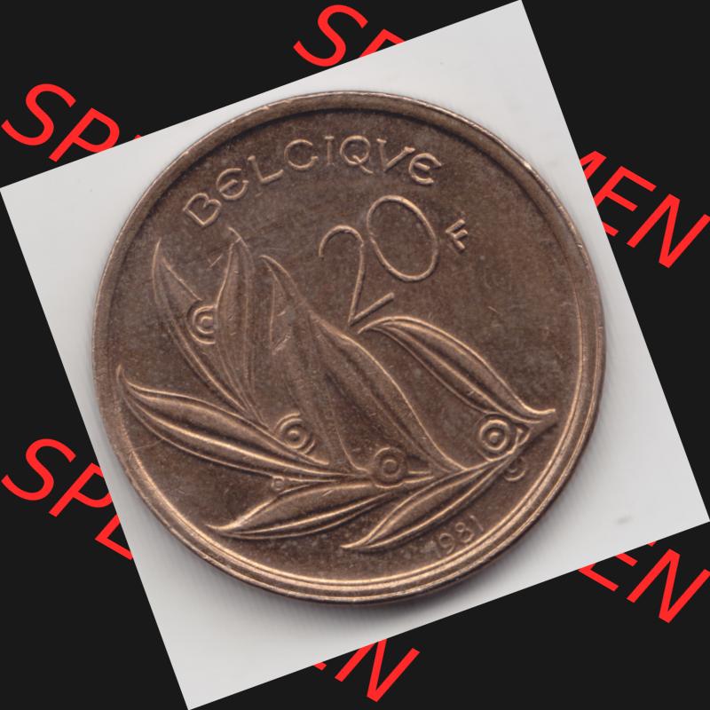 Münzen Belgien Umlaufmünze 1980-1993, 20 Francs 1981 Belgiqve. Vorderseite der alten belgischen Francs Umlaufmünze aus Belgien vor Einführung der Euromünzen in Belgien... Sammlung