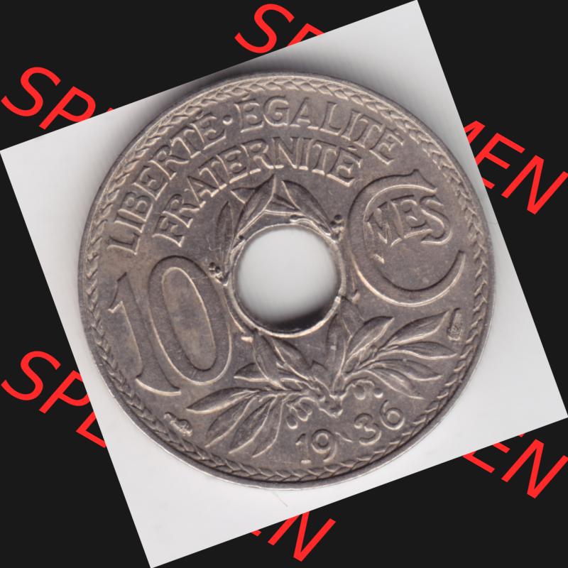 Münze Frankreich 1917-1938, 10 Centimes, Cent 1936. Vorderseite der alten französischen Umlaufmünze 10 Cmes - Centimes - Cent aus Frankreich in der Francs-Währung... Sammlung