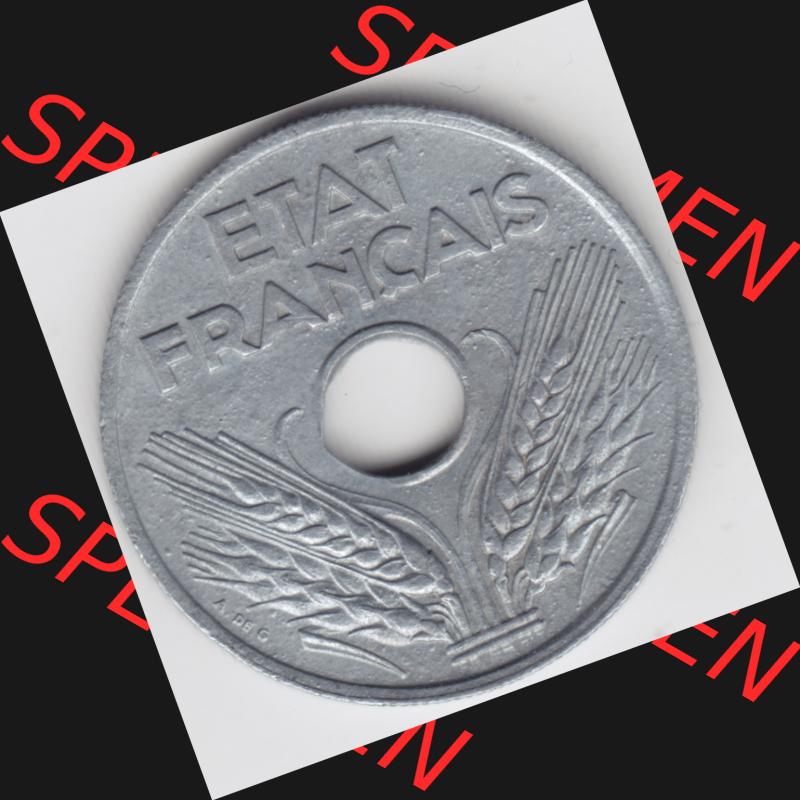 Münze Frankreich 1941-1944, 20 Centimes, Cent 1943. Rückseite der alten französischen Umlaufmünze aus Frankreich in der Francs-Währung zum katalogisieren und... Sammlung