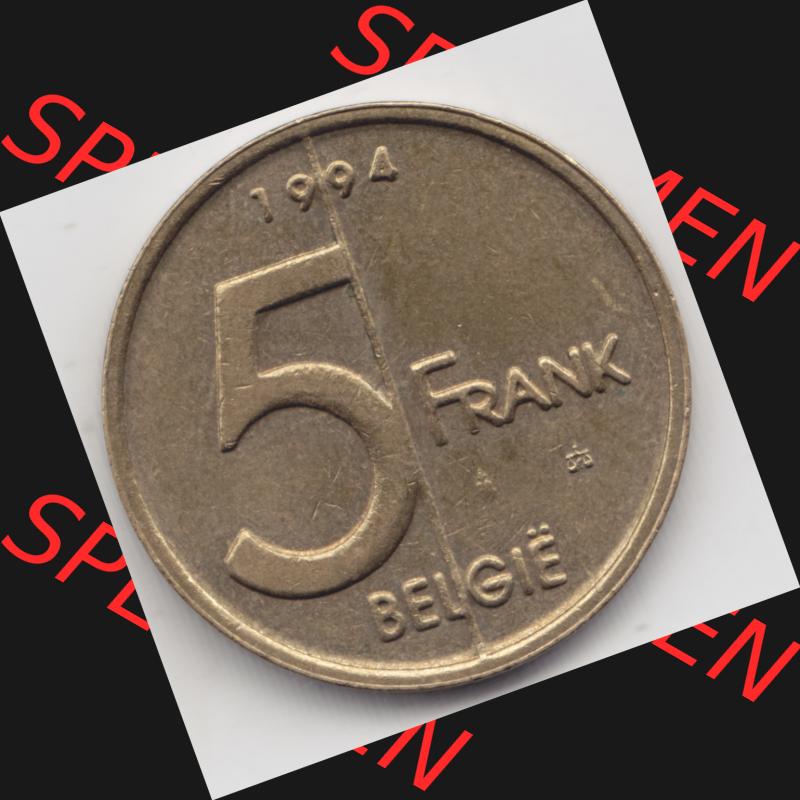 Münzen Belgien Umlaufmünze 1994-2001, 5 Francs 1994 Belgie. Vorderseite der alten belgischen Francs Umlaufmünze aus Belgien vor Einführung der Euromünzen in Belgien... Sammlung