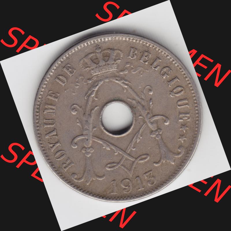Münzen Belgien Umlaufmünze 1913-1929, 25 Ces, Centimes, Cent Koninkrijk Belgie. Rückseite der alten belgischen Francs Umlaufmünze aus Belgien vor Einführung... Sammlung
