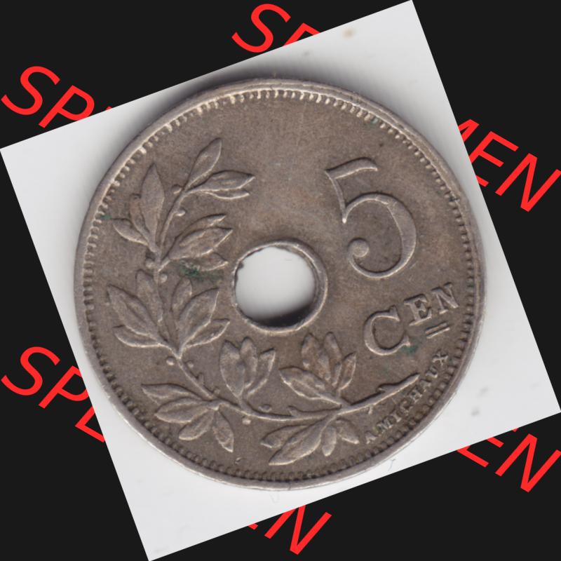 Münzen Belgien Umlaufmünze 1910-1931, 5 Cen, Centimes Koninkrijk Belgie. Vorderseite der alten belgischen Francs Umlaufmünze aus Belgien vor Einführung der Euromünzen... Sammlung