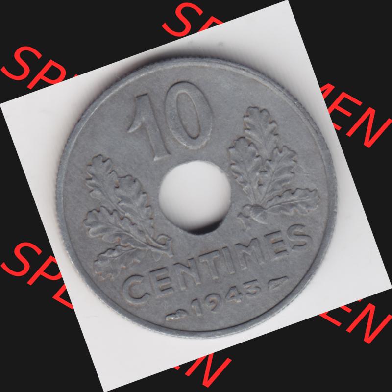 Münze Frankreich 1941-1943, 10 Centimes, Etat Francais 1943. Vorderseite der alten französischen Umlaufmünze 10 Cmes - Centimes - Cent aus Frankreich in der Francs-Währung... Sammlung