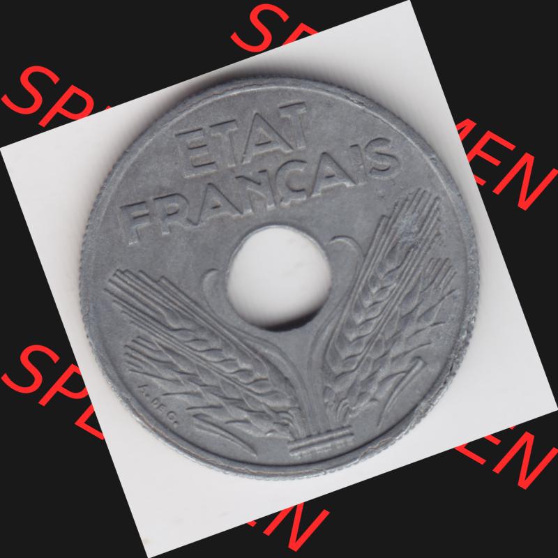 Münze Frankreich 1941-1943, 10 Centimes, Etat Francais 1943. Rückseite der alten französischen Umlaufmünze 10 Cmes - Centimes - Cent aus Frankreich in der Francs-Währung... Sammlung