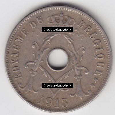 Münzen Belgien Umlaufmünze 1913-1929, 25 Ces, Centimes, Cent Koninkrijk Belgie. Rückseite der alten belgischen Francs Umlaufmünze aus Belgien vor Einführung... Sammlung