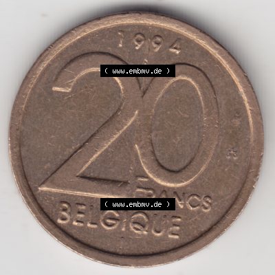 Münzen Belgien Umlaufmünze 1994-2001, 20 Francs 1994 Belgique. Vorderseite der alten belgischen Francs Umlaufmünze aus Belgien vor Einführung der Euromünzen in Belgien... Sammlung