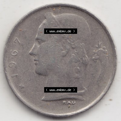 Münzen Belgien Umlaufmünze 1950-1988, 1 Francs-Franken 1967 Belgique. Rückseite der alten belgischen Francs Umlaufmünze aus Belgien vor Einführung der Euromünzen... Sammlung