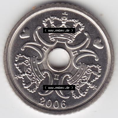 Münzen Dänemark Umlaufmünze 2006, 1 Krone. Rückseite der alten dänischen Umlaufmünze aus Dänemark zum katalogisieren und verwalten im Münzen-Katalog... Sammlung