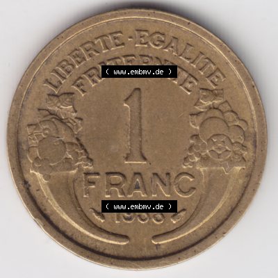 Münze Frankreich 1931-1941, 1 Francs, Franken 1938. Vorderseite der alten französischen Umlaufmünze aus Frankreich in der Francs-Währung zum katalogisieren und verwalten... Sammlung